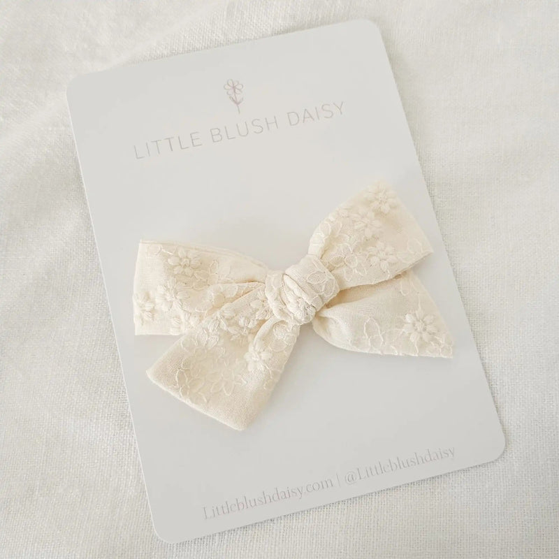 Embroidered Cream Floral Bow Clips